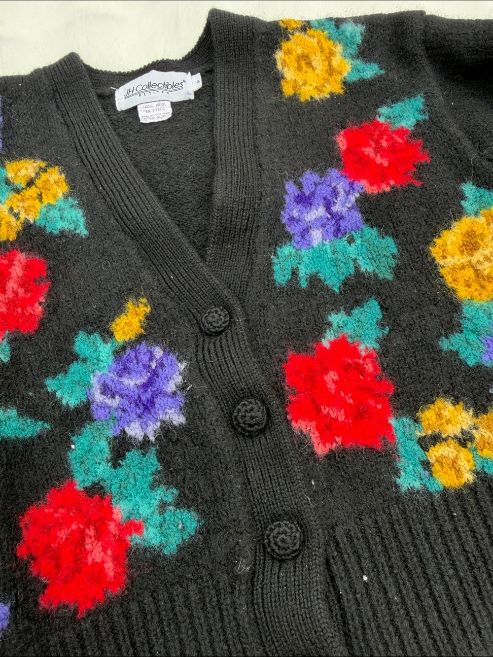 Vintage Petite wool Black Floral Button-Up Women's Cardigan Sweater - Picture 3 of 10